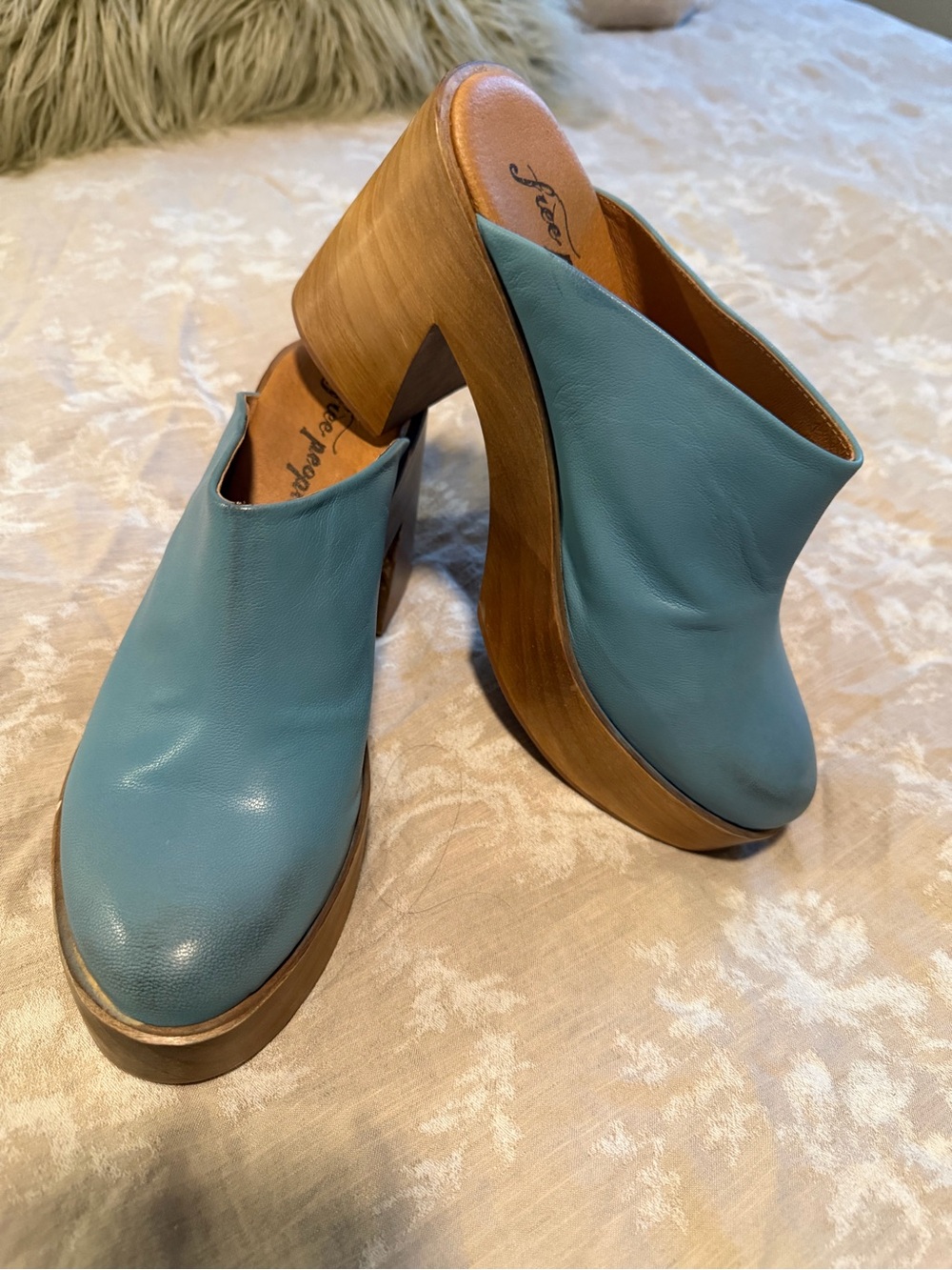 Free People Teal Blue Leather Platform Clogs